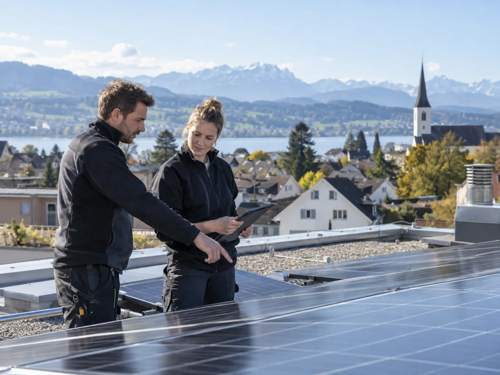 Zwei Fachpersonen prüfen eine Solaranlage auf einem Flachdach