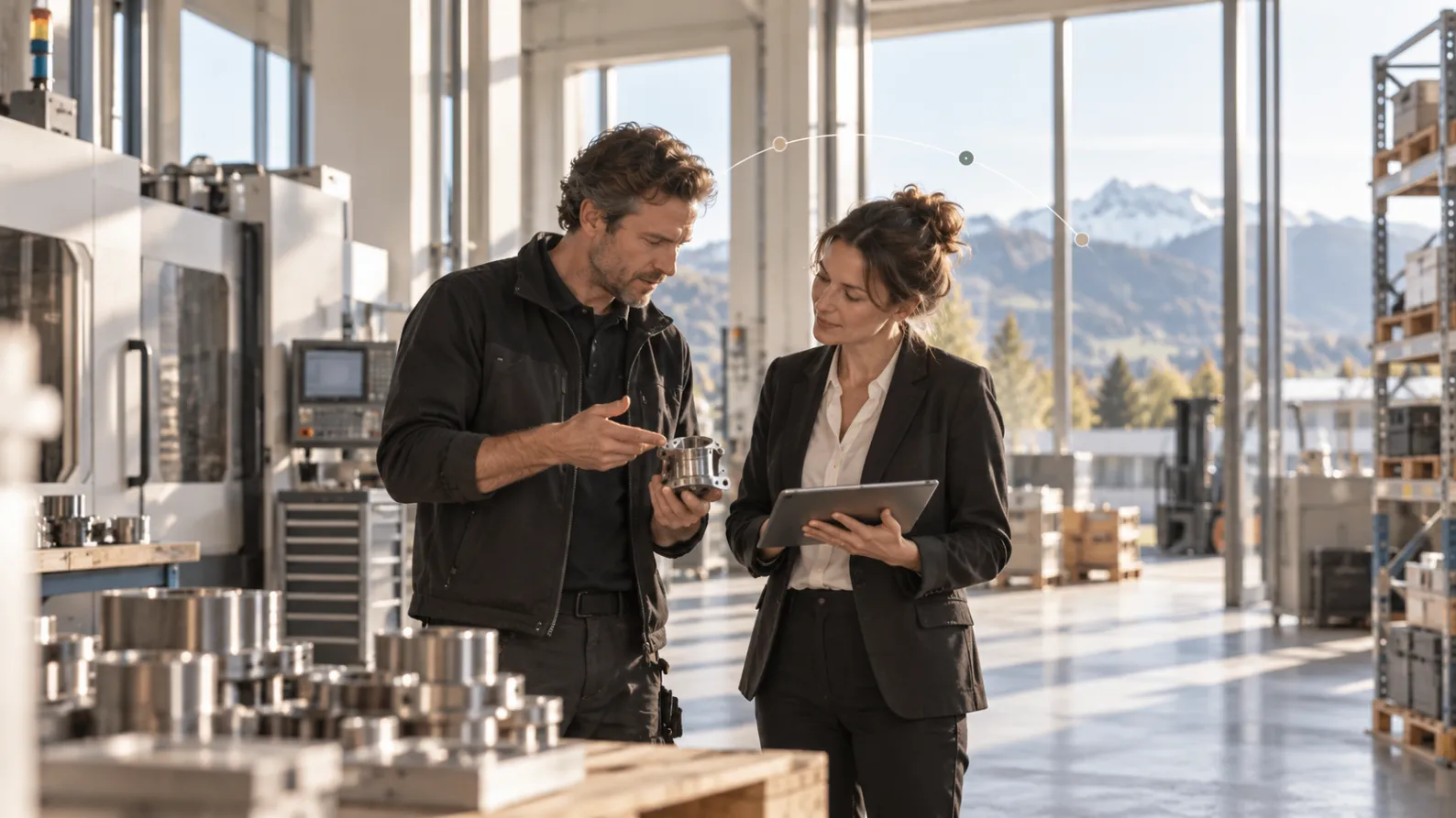 Fachperson mit Tablet in einer Werkstatt