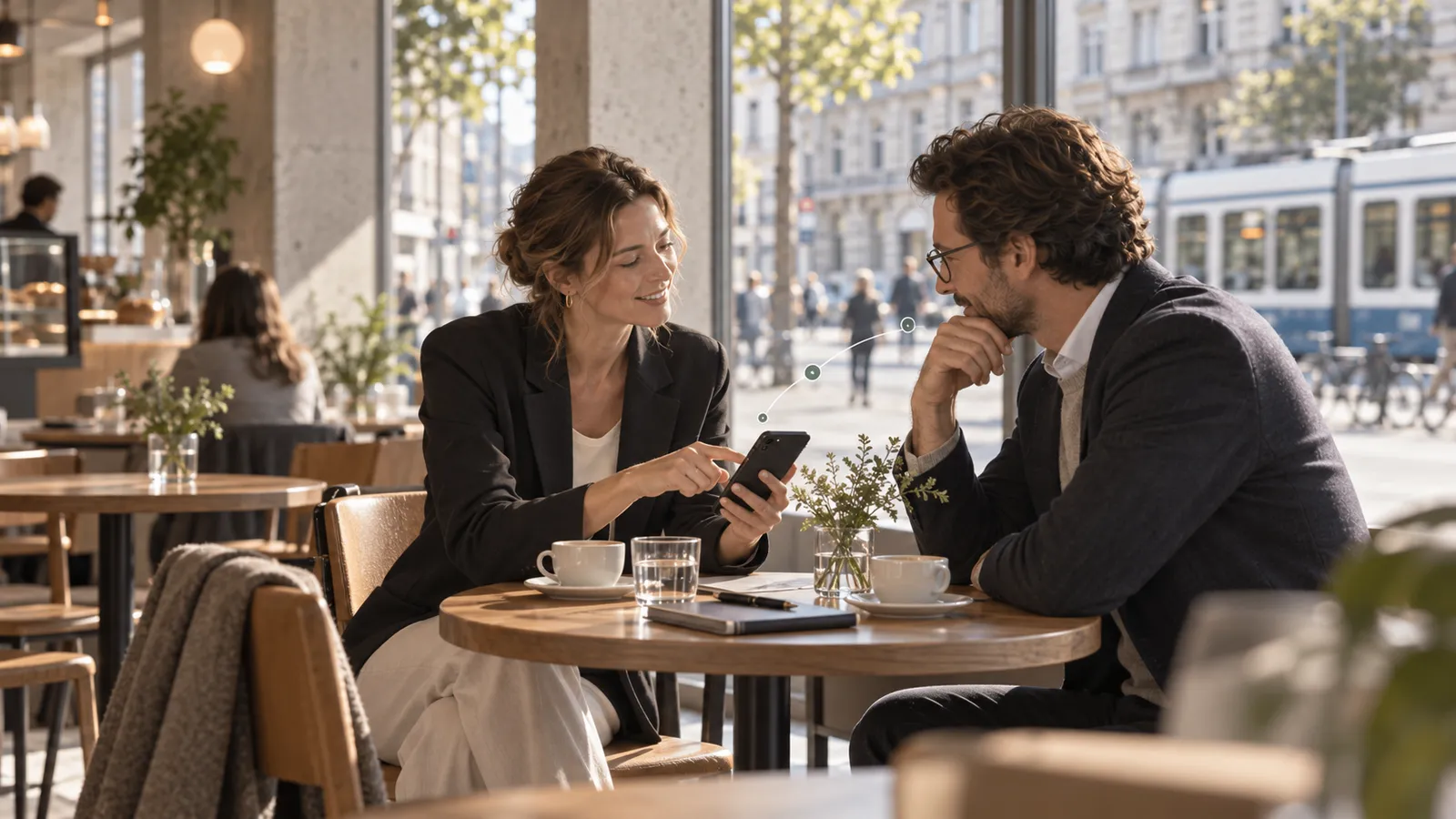 Zwei Personen im Gespräch an einem Cafétisch