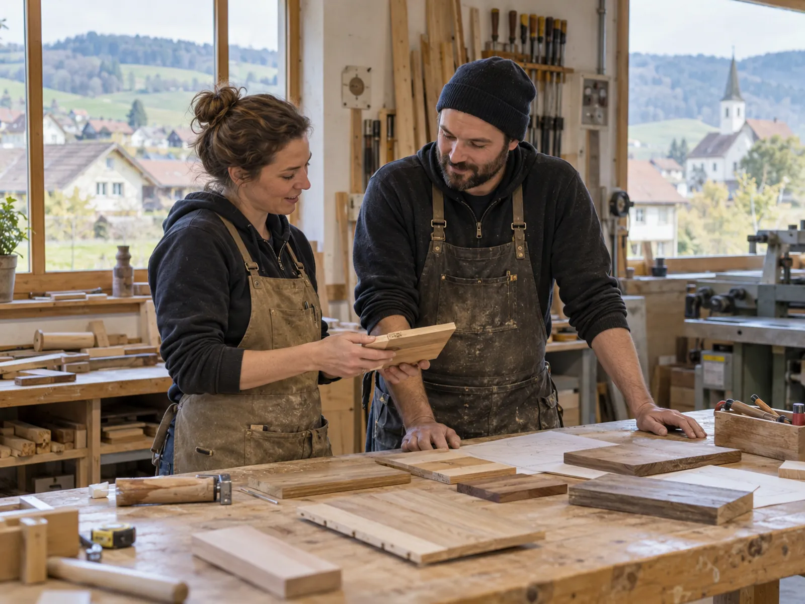 Schreinerin und Schreiner prüfen Holzmuster in einer Werkstatt mit Blick ins Grüne